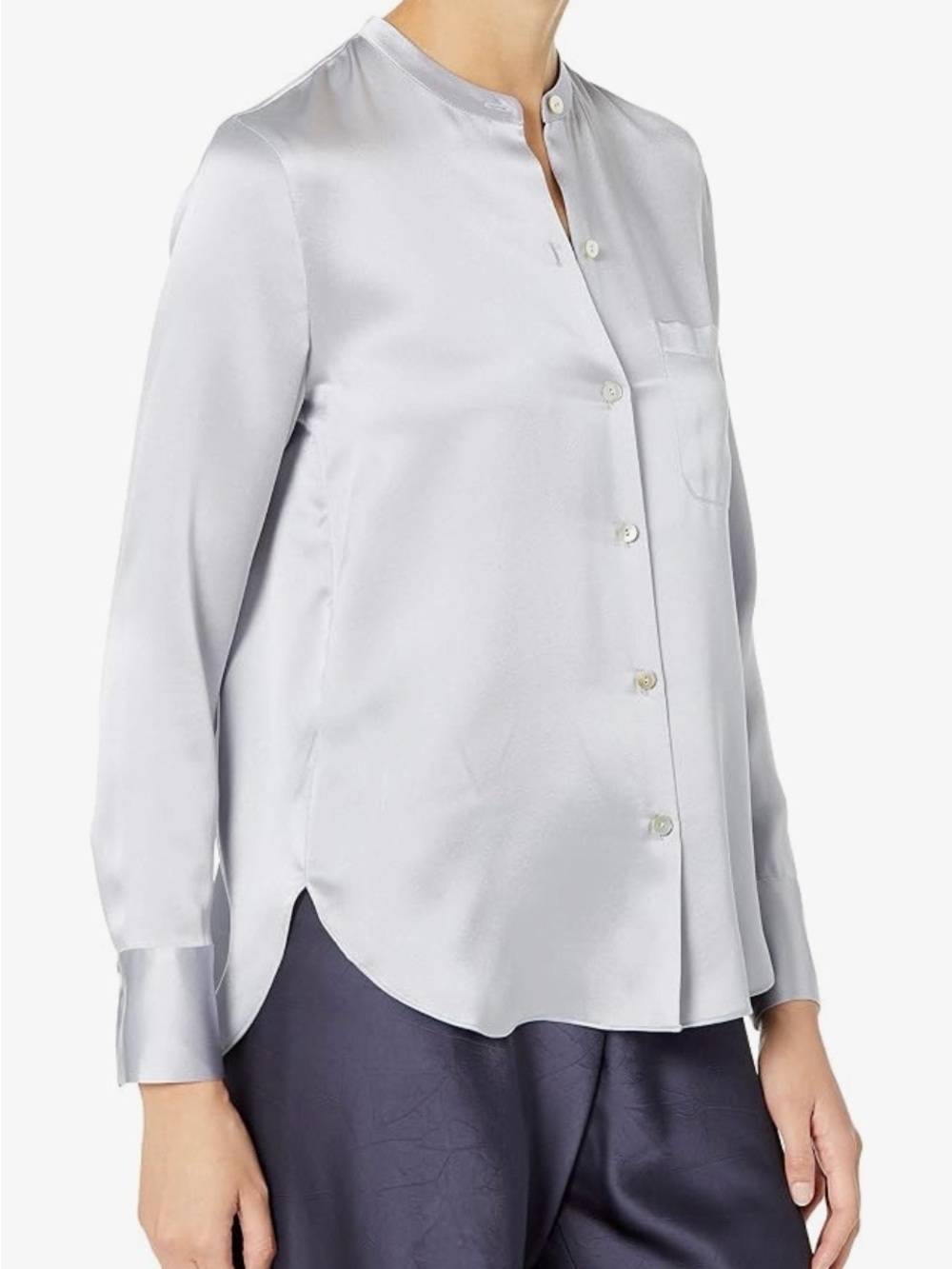 VINCE 100% Silk Silver Grey Band Collar Button Front Blouse Top Womens 12